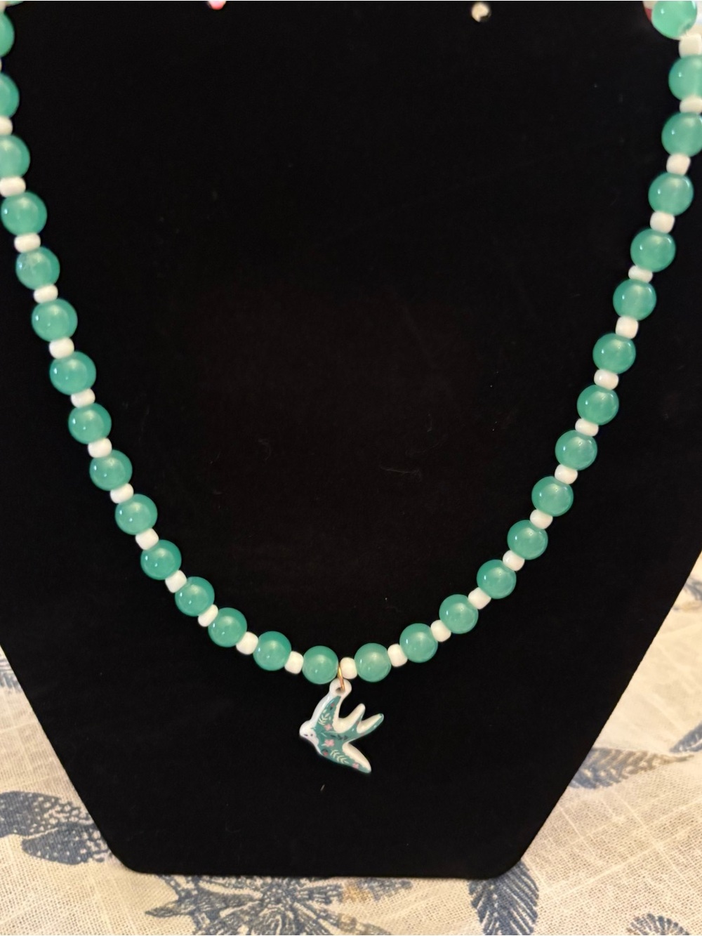 Teal Beaded Necklace with Enamel Swallow‎ Pendant - Women Jewelry
